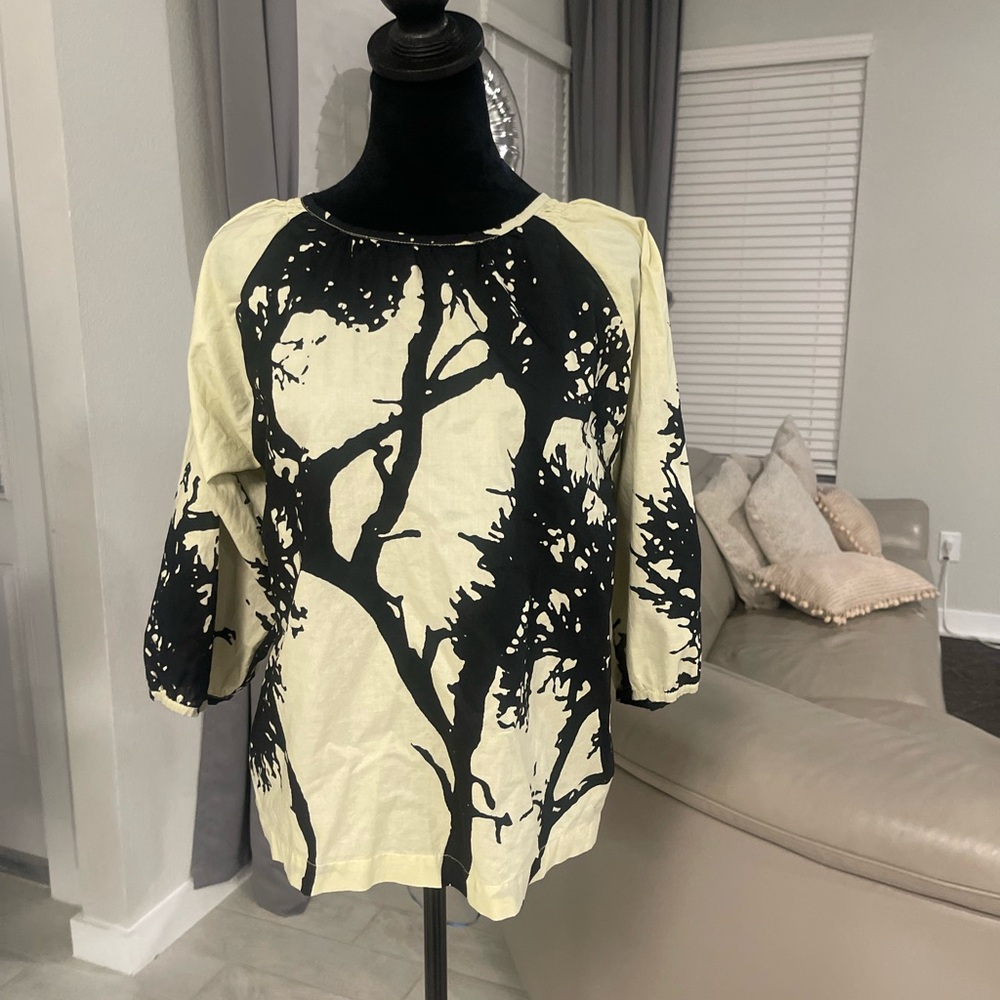 Anthropologie Bel Kazan Blouse organic cotton Tree Print Short Sleeve Top M